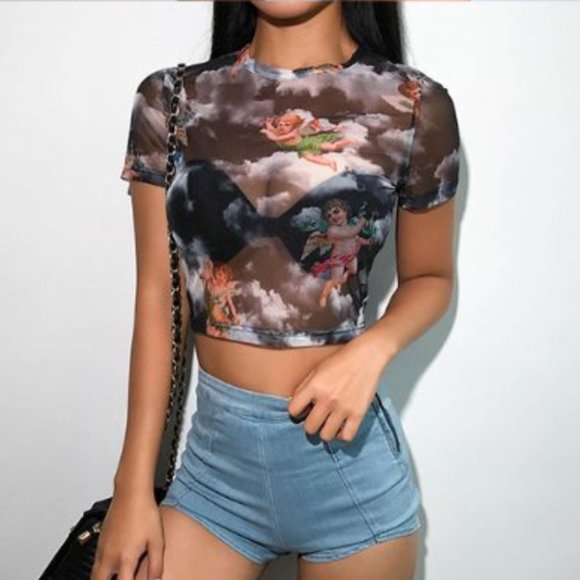 Medium Sheer Cupid Print Mesh Short Sleeve Crop - Picture 2 of 6